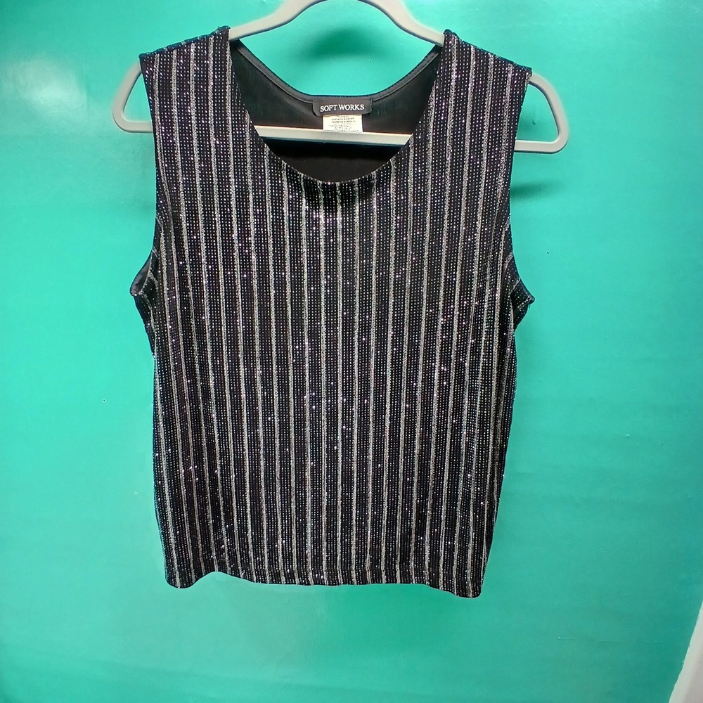 Soft Works Tank Top Medium Black Silver Sparkly Metallic Glitter Stripe Y2K Glam